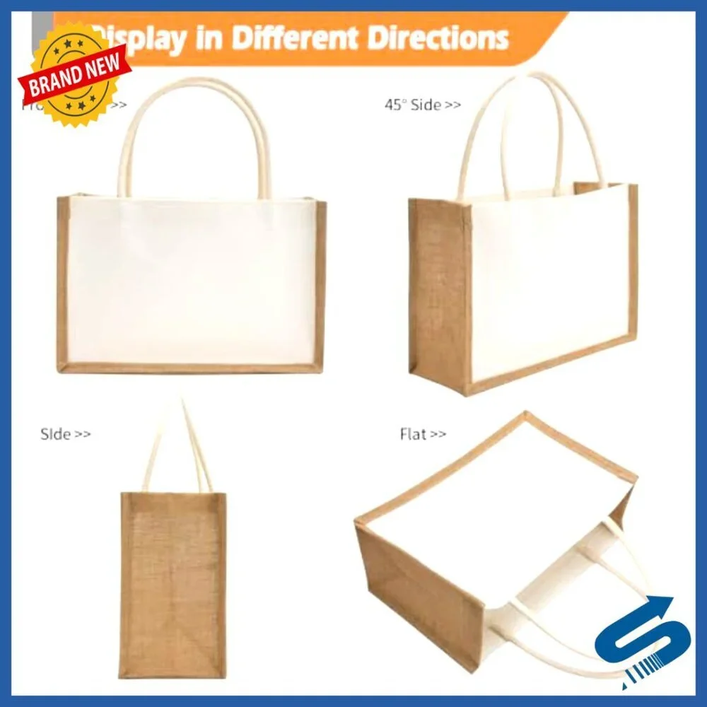 Reusable Jute Tote Bags Water Resistant Beach Grocery DIY Blank Canvas